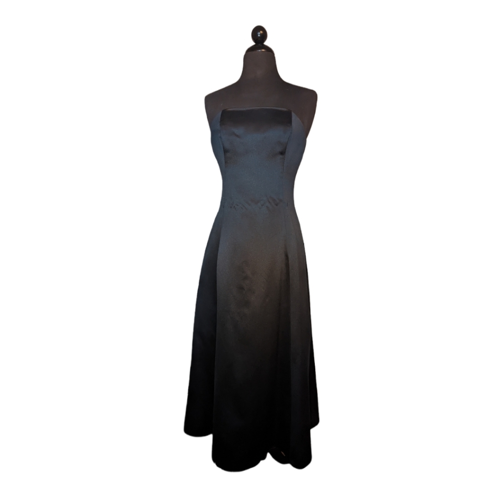 Satin tea length, strapless formal dress with boning